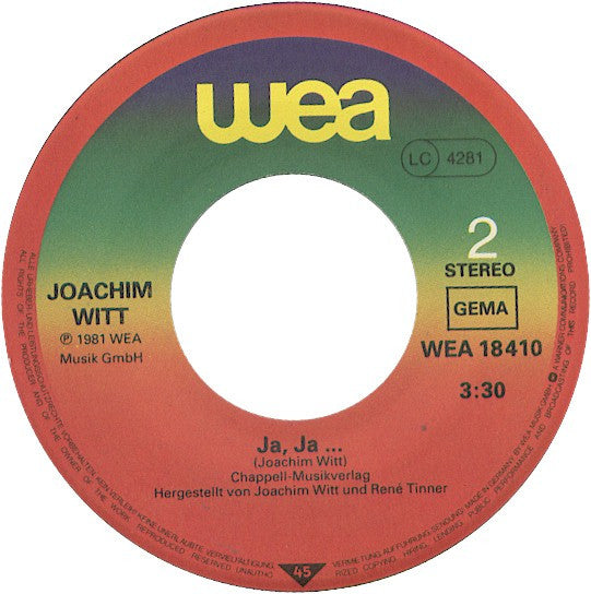 Joachim Witt : Kosmetik (Ich Bin Das Glück Dieser Erde) (7", Single)