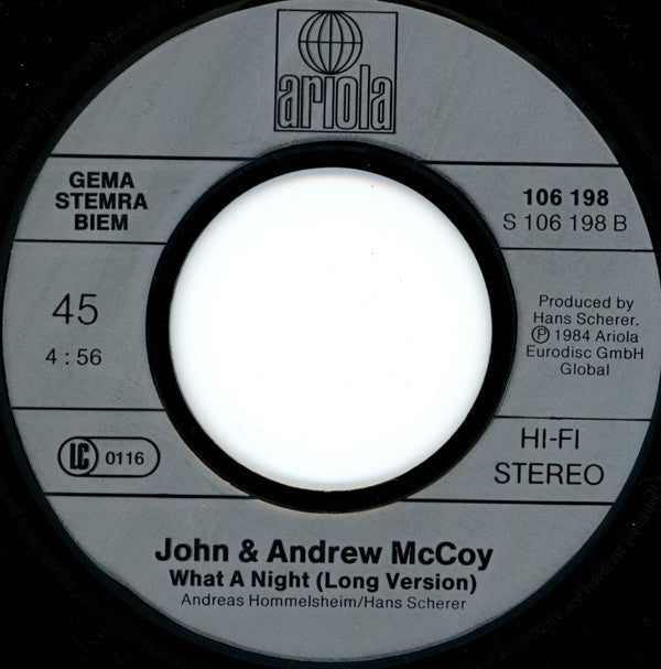 John & Andrew McCoy : What A Night (7", Single)