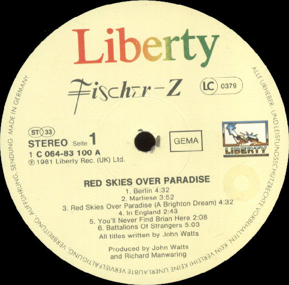 Fischer-Z : Red Skies Over Paradise (LP, Album)