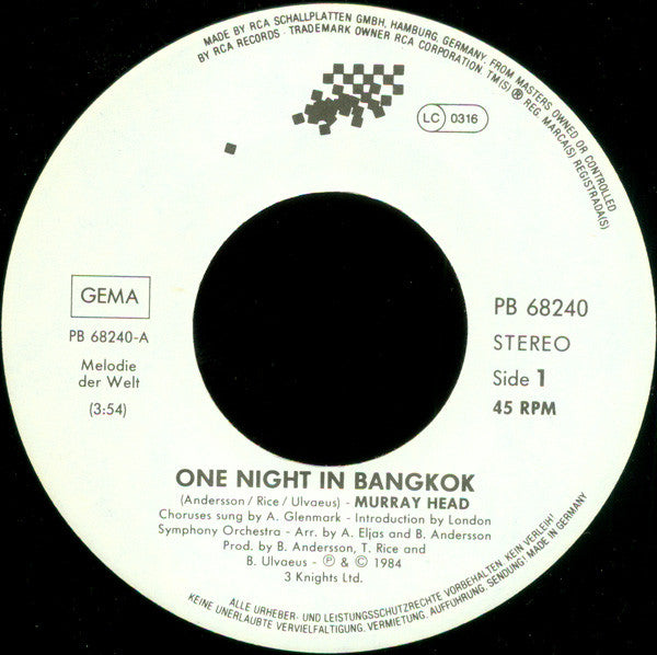 Murray Head : One Night In Bangkok (7", Single)