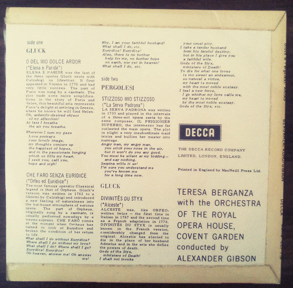 Teresa Berganza, Orchestra Of The Royal Opera House, Covent Garden, Alexander Gibson : Arias By Gluck & Pergolesi (7", EP, Mono)