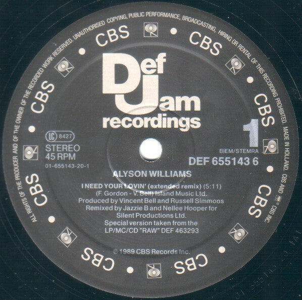 Alyson Williams : I Need Your Lovin' (12", Maxi)