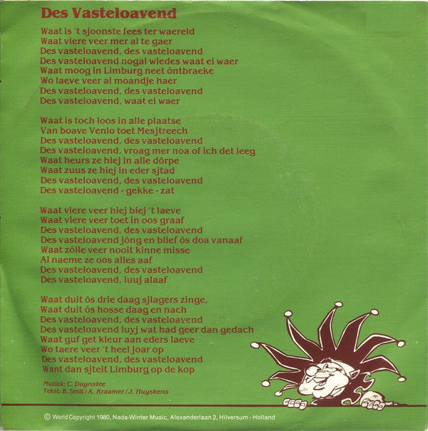 Jan en Geert Huyskens m.m.v. Rosewater Jazzband : Des Vasteloavend (7", Single)