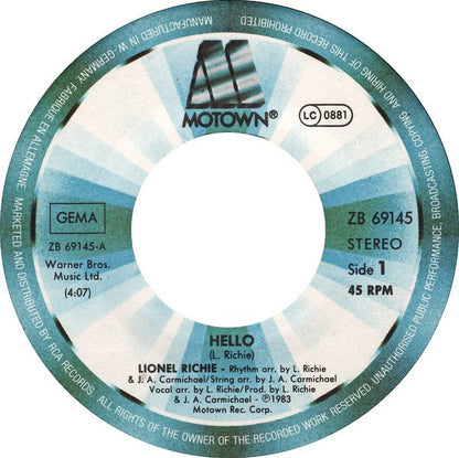 Lionel Richie : Hello (7", Single)