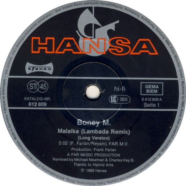 Boney M. : Malaika (Lambada Remix) (12", Maxi)