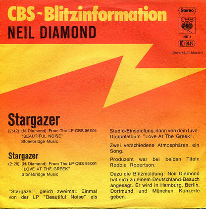 Neil Diamond : Stargazer (7", Single, Promo)