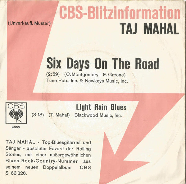 Taj Mahal : Six Days On The Road (7", Single, Promo)