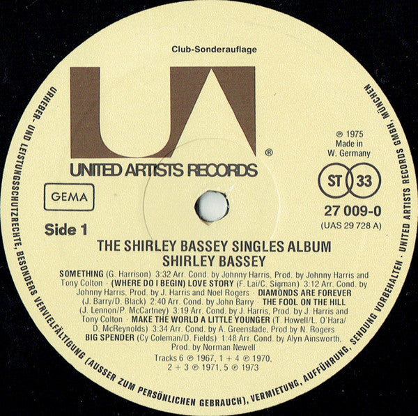 Shirley Bassey : The Shirley Bassey Singles Album (LP, Album, Comp, Club)