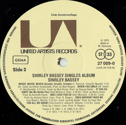 Shirley Bassey : The Shirley Bassey Singles Album (LP, Album, Comp, Club)