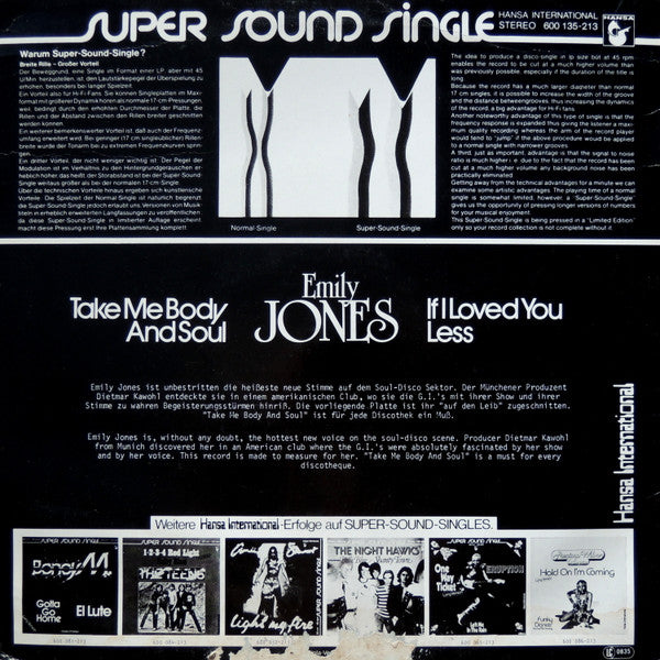 Emily Jones : Take Me Body And Soul (Long Version) (12", Sup)