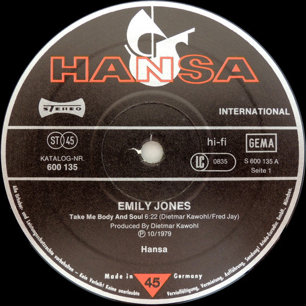 Emily Jones : Take Me Body And Soul (Long Version) (12", Sup)