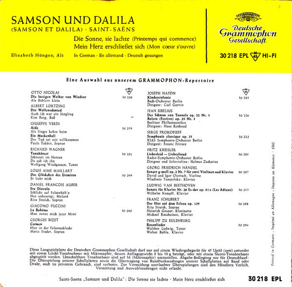 Camille Saint-Saëns - Elisabeth Höngen : Samson Und Dalila (7", EP, RE)