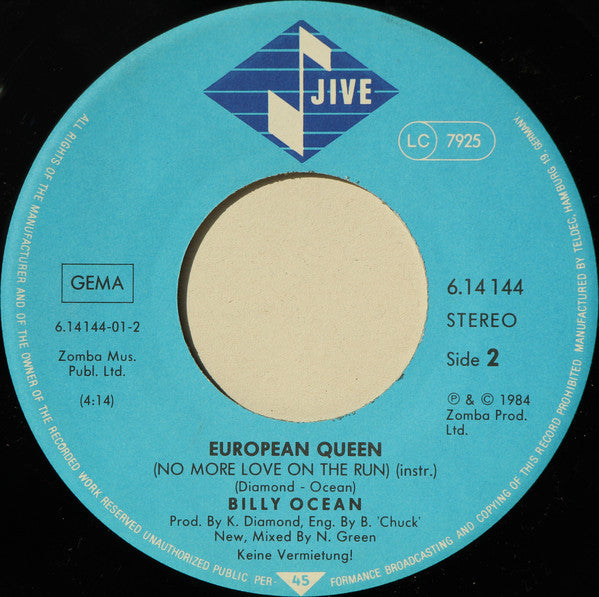 Billy Ocean : European Queen (No More Love On The Run) (7", Single, RP)