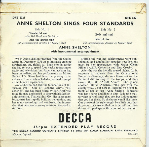 Anne Shelton : Sings Four Standards (7", EP)