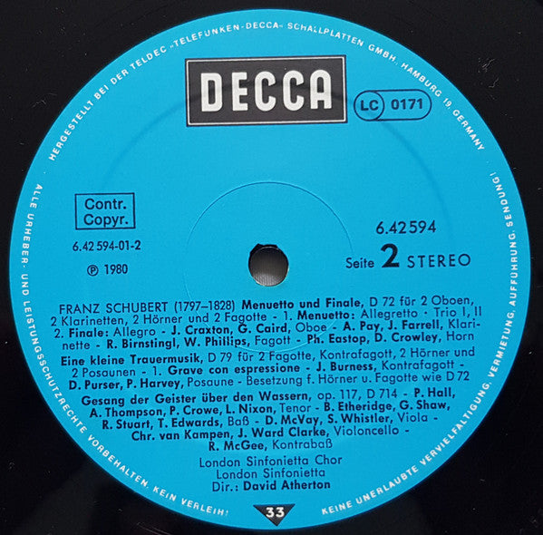 Franz Schubert, Phyllis Bryn-Julson, Jan DeGaetani, Anthony Rolfe Johnson, Malcolm King, London Sinfonietta, London Sinfonietta Chorus, David Atherton (2) : Messe Nr. 4 C-Dur/ Menuetto Und Finale - Eine Kleine Trauermusik/ Gesang Der Geister Über Den Wassern (LP)