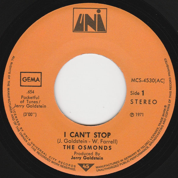 The Osmonds : I Can't Stop (7", Single)