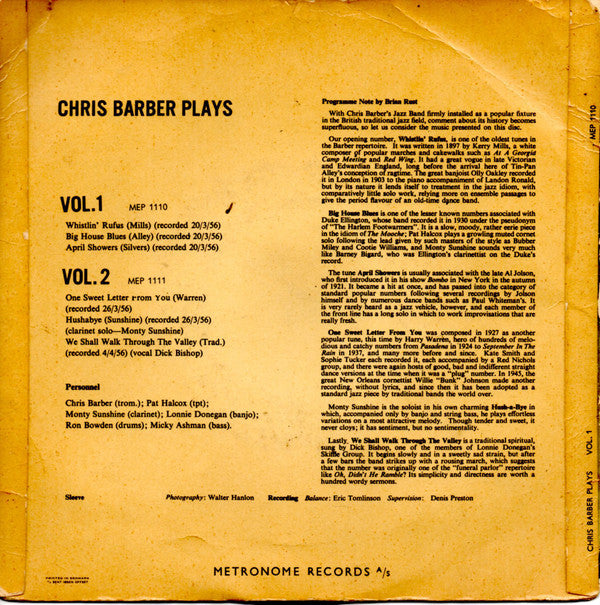 Chris Barber : Chris Barber Plays Vol.1 (7", EP)