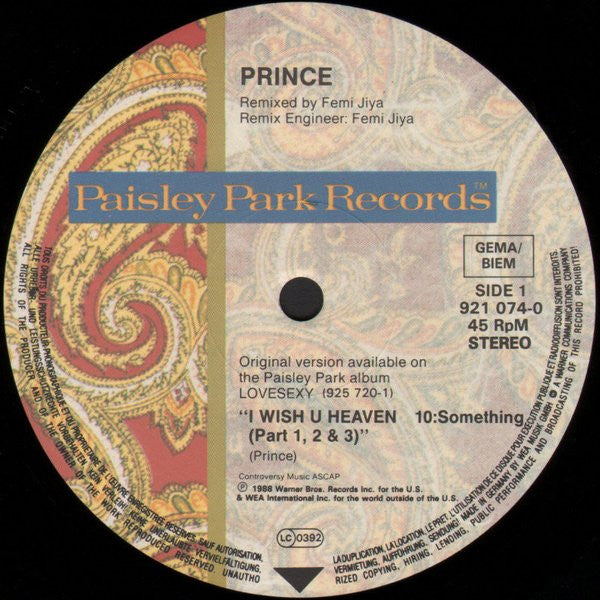 Prince : I Wish U Heaven (12", Maxi)