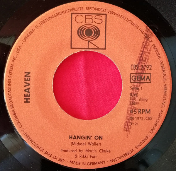 Heaven (18) : Hangin' On (7", Single, Promo)